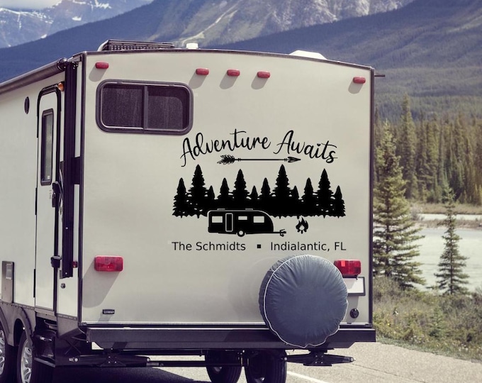 Custom RV Decal, Personalized Camper Last Name - Adventure Awaits Vinyl - Motor Home Decor, Tree Graphic Sign