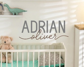 Baby Name Wall Art, Two-Tone Nursery Decal | Adhesive Vinyl | Custom First Middle names for kids room