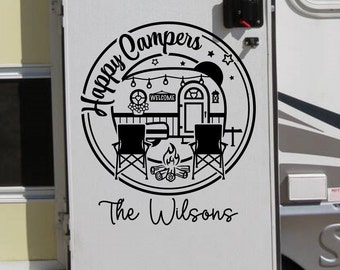 Happy Campers vinyl decal adirondack chairs custom rv decal personalized with last name