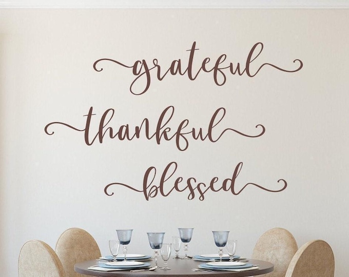 Grateful Thankful, Script Wall Decal | Vinyl Lettering | Three-Word Set, Kitchen Dining, Gratitude decor