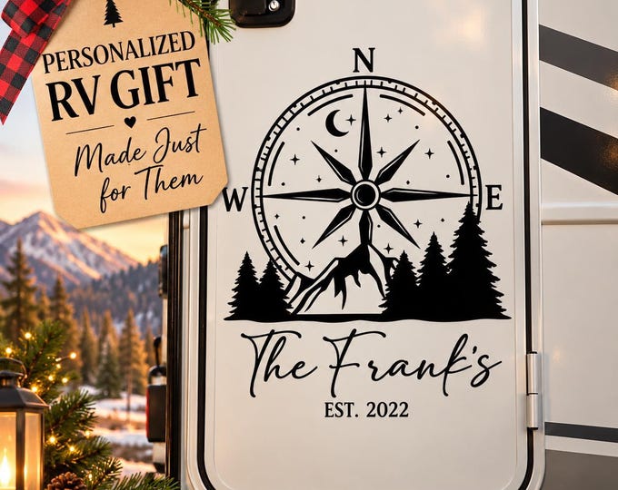 Personalized RV Owner Gift, Custom Camper Decal, Christmas Gift for RV Couple, gift idea for RV owners, Mountain compass decal