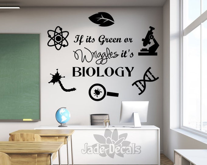 Biology wall decal, science wall decal, classroom decal // If it's green or wriggles it's biology decal, biology teacher gift