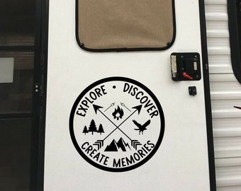 RV camper decal for RV door, tire cover decal, explore rv decal, travel rv decal, explore discover create memories, camper wall decal,