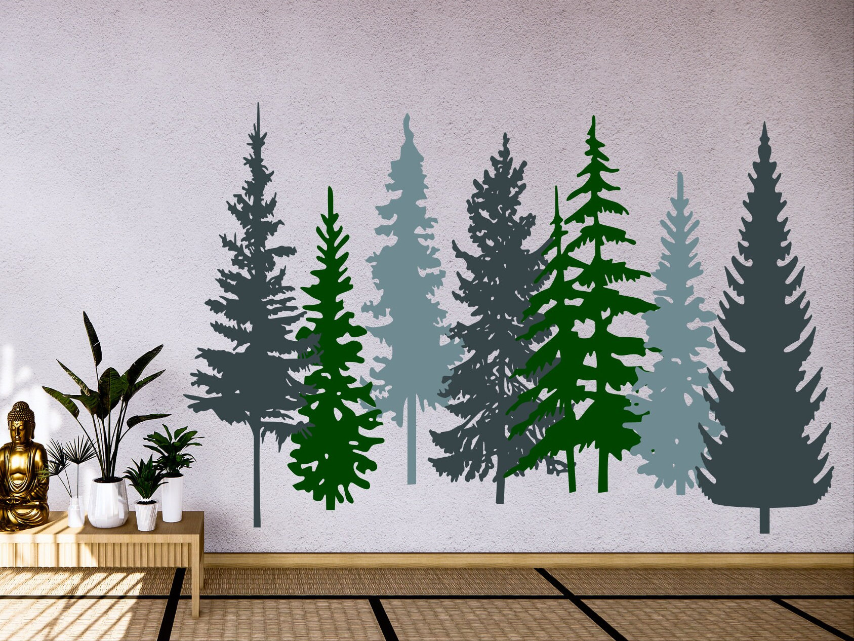 Pine tree wall decals set of seven trees, woodland vinyl wall decals
