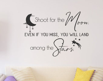 Shoot for the moon wall decal, reach for the stars, moon and stars, inspiration wall art, inspirational quote, crescent moon, shooting star