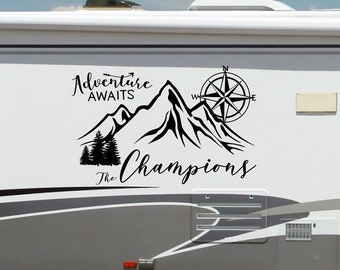 Personalized RV Decal: Adventure Awaits, Mountain Compass Last Name