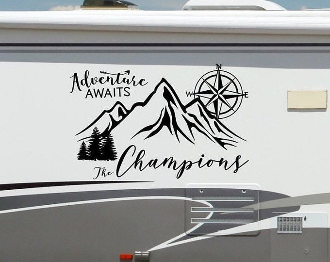 Personalized rv camper decal, adventure awaits, last name decal for rv, mountain and compass, custom rv last name, compass mountain art,