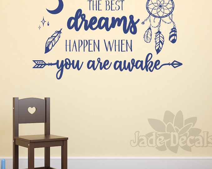 Boho dreamcatcher arrow wall decal, arrow wall decor, boho sayings, dream catcher decal, the best dreams happen when you are awake