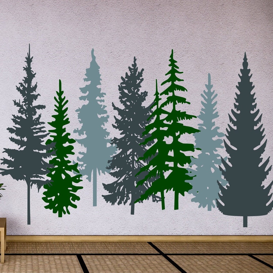Pine Tree Wall Decals Set of Seven Trees, Woodland Vinyl Wall Decals