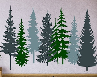 Pine tree wall decals set of seven trees, woodland vinyl wall decals, pine tree decal, nature forest wall decor, evergreen trees,