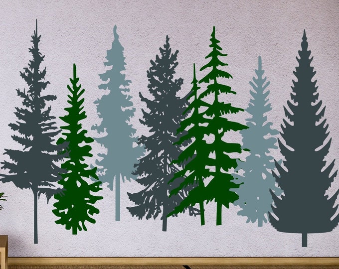 Pine tree wall decals set of seven trees, woodland vinyl wall decals, pine tree decal, nature forest wall decor, evergreen trees,