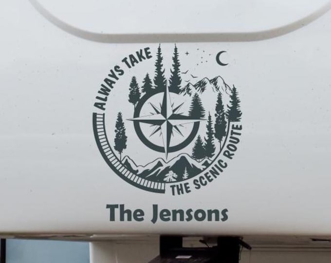 Scenic Route RV Door Decal: Compass, Trees, Mountain - Personalized