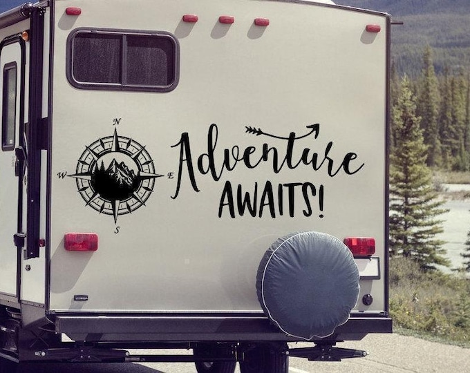 Mountain RV Decal, Adventure Awaits Compass Graphic | Vinyl Camper Decor | Travel Trailer decor for camping