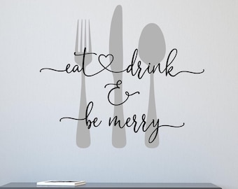 Eat drink and be merry silverware kitchen wall decal, fork spoon knife, kitchen wall art, dining room art, kitchen decal