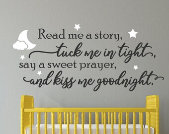 Nursery wall art, moon and stars wall decal, nursery quote // Read me a story, tuck me in tight, nursery wall decor, baby shower gift