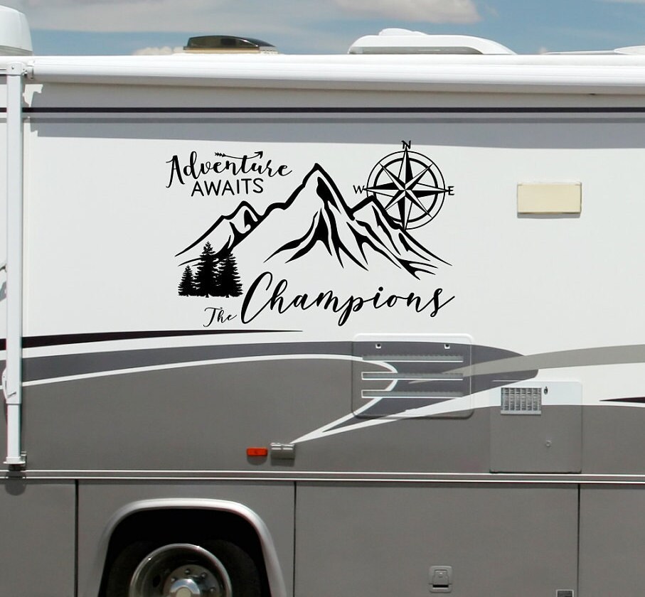 Personalized rv camper decal, adventure awaits, last name decal for rv