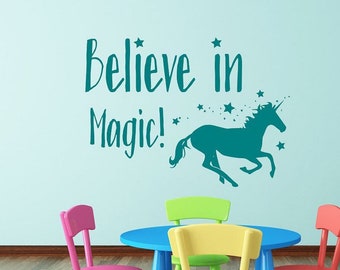 Magic Unicorn wall art decal for girls room // Believe in magic,  unicorn vinyl decal, girls room decal, unicorn wall art