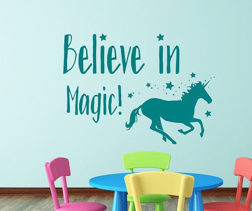 Magic Unicorn wall art decal for girls room // Believe in magic, unicorn  vinyl decal, girls room decal, unicorn wall art