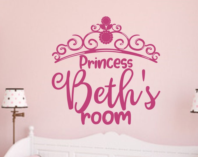 Girls name wall decal, princess tiara wall art, Custom girls room wall decor, personalized princess decal