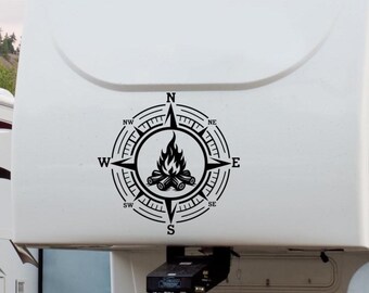 RV compass with camp fire, camper decal for RV door, tire cover decal, rv decor, travel rv decal, camper wall decal