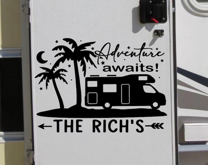 Adventure Awaits RV decal with last name, personalized decal, slide out decal, rv door decal, rv accessories, camper decals