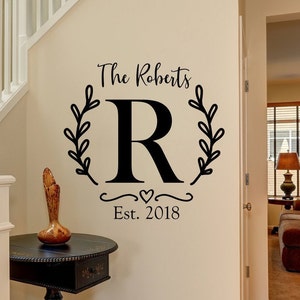 Custom last name sign, family name decal, monogram established date wall decal entryway decor living room family room wall art laurel wreath