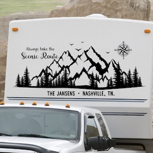 Always take the scenic route Mountain RV camper decal with compass and personalized with last name and city, state.