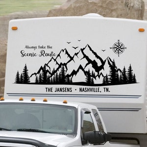 Always take the scenic route Mountain RV camper decal with compass and personalized with last name and city, state.