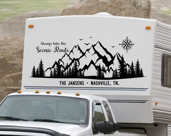 Always take the scenic route Mountain RV camper decal with compass and personalized with last name and city, state.