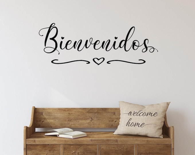 Bienvenidos, Spanish Front Door Decal - Heart Flourish, Welcome wall decor, Various Sizes, Multiple Colors