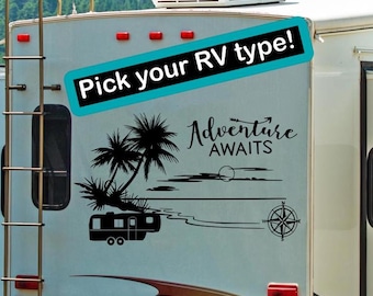 Adventure Awaits RV Decal: Coastal Palm Tree Camper Decoration