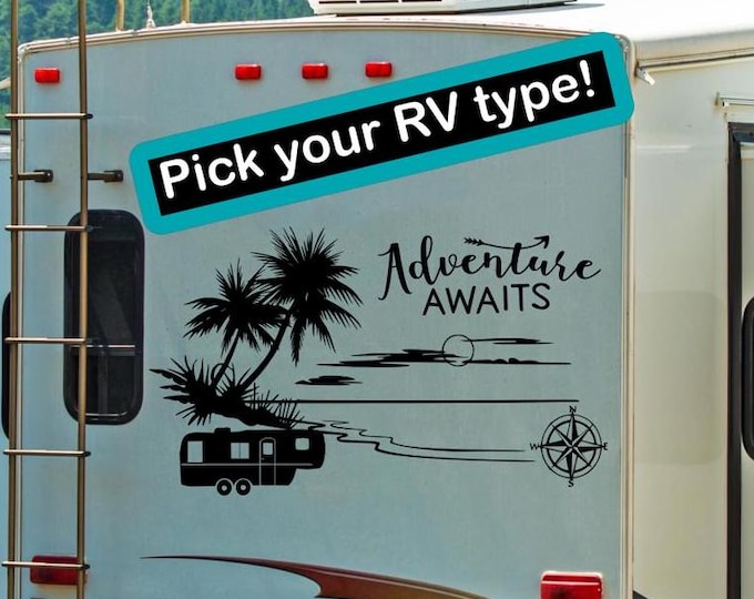 Adventure Awaits RV Decal: Coastal Palm Tree Camper Decoration