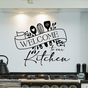 Welcome to our kitchen wall decal, kitchen wall art, decal for kitchen, farmhouse kitchen sign, kitchen and dining wall decor