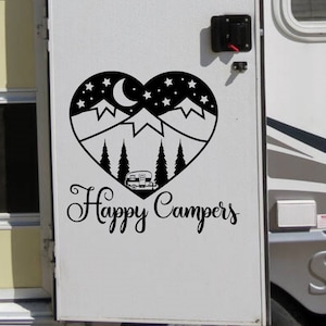 Happy Campers RV Decal: Heart-Shaped Camper Decor, Mountains & Stars