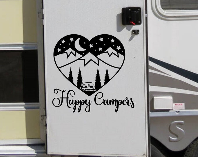 Happy Campers decal for rv or vintage camper // heart shaped vinyl rv decal with mountains, stars and forest.