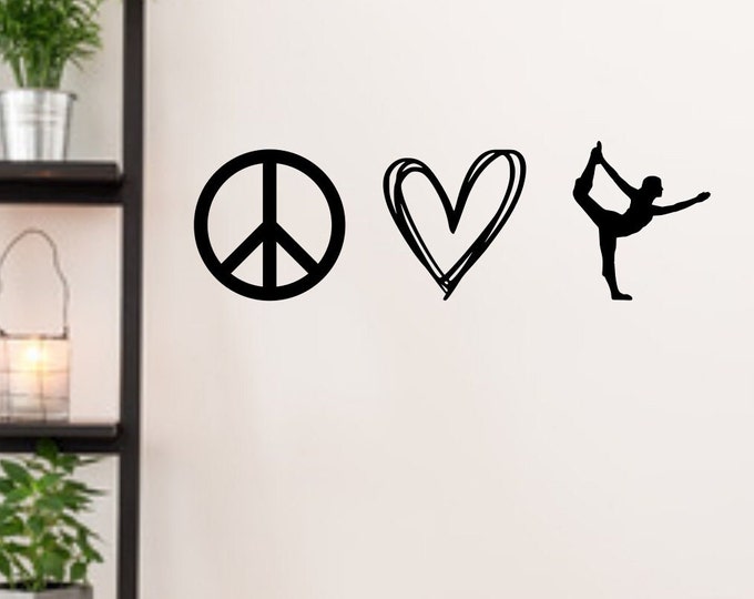 Peace love yoga decal, bumper sticker, laptop decal, yoga wall decal