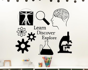 Science wall decal // Learn. Discover. Explore. // Science Classroom decal, science wall art, science decal
