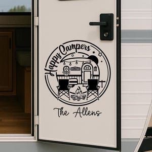Personalized Happy Campers Vinyl Decal: RV Camper decor with Adirondack Chairs