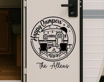 Personalized Happy Campers Vinyl Decal: RV Camper decor with Adirondack Chairs