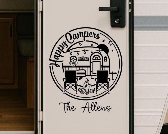 Personalized Happy Campers Vinyl Decal: RV Camper decor with Adirondack Chairs