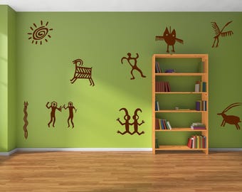 Petroglyph Wall Art, Tribal Symbol Decals | Vinyl Decor | Set Of 9 Primitive Figures For Interior Walls