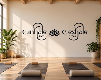 Inhale Exhale Decal, Lotus Meditation Wall Art, Vinyl Sticker | Yoga Studio Decor | Breathe decor