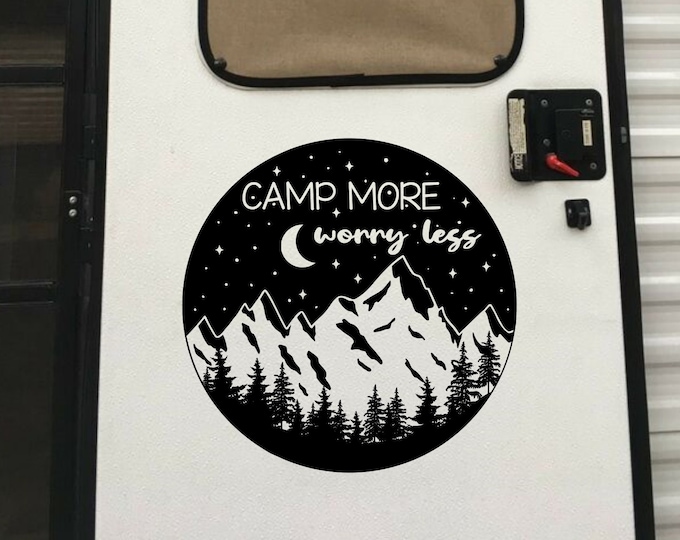 Camp more worry less rv spare tire cover decal, wanderlust, rv decals, rv decor, rv gifts, rv accessories