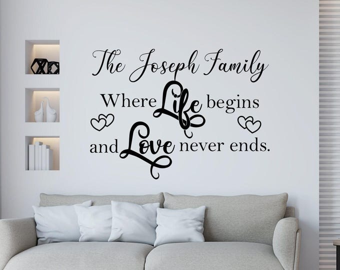 Custom family last name wall decal, personalized Family wall decor, Family wall decal // where life begins and love never ends