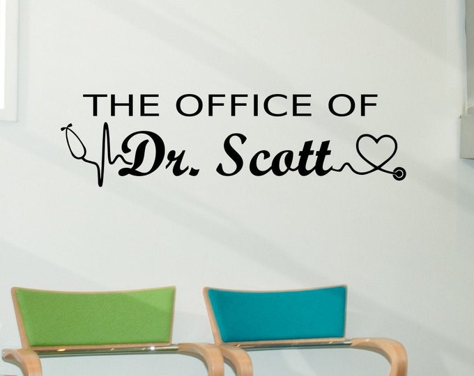 Custom doctor name or nurse name office art vinyl decal for door or desk, stethoscope decal, doctor wall decal, nurse wall decal