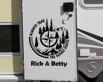 Scenic Route RV Door Decal: Compass, Trees, Mountain - Personalized