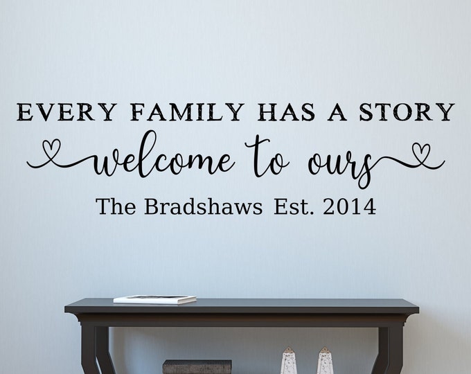 Last name wall art vinyl decal-  Every family has a story, welcome to ours / family wall decal, welcome decal, established decal,