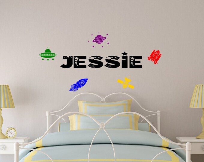 Space custom name decal, Outer space kids room with spaceship, personalized name, astronaut, planet, ufo and space station