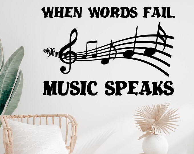 music wall decal, music teacher gift, music note decal, music gift // When words fail music speaks