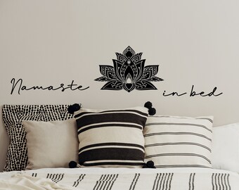 Namaste in bed lotus wall art decal, gift for yogi, namaste wall decal, lotus wall decor, yoga wall art, over bed wall art,